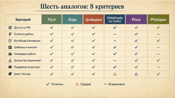 Чеклист миграции / действий: Сравните шесть аналогов Canva по восьми критериям