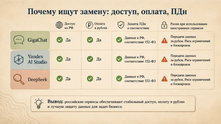 Карточка рисков / статусов: Почему ищут замену: доступ, оплата, ПДн
