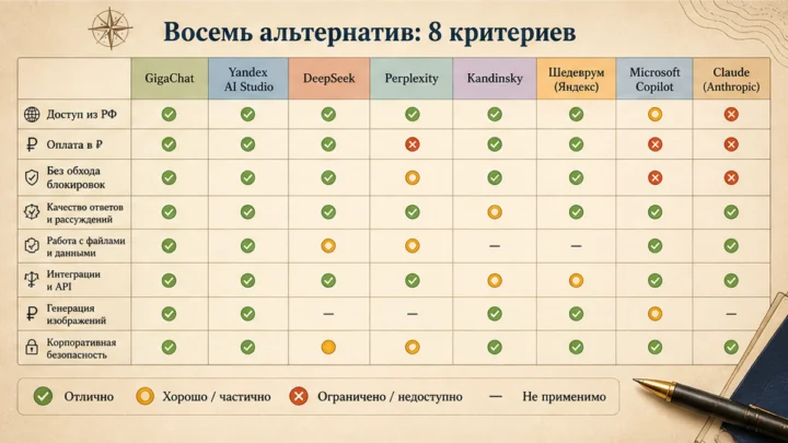 Таблица сравнения сервисов: Таблица: восемь альтернатив ChatGPT