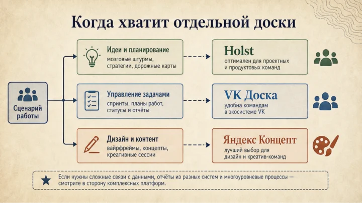 Схема сценариев с продуктами: Когда хватит отдельной доски, а когда нужна экосистема