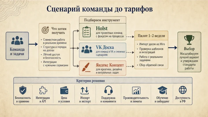 Схема сценариев с продуктами: Зафиксируйте сценарий команды до сравнения тарифов