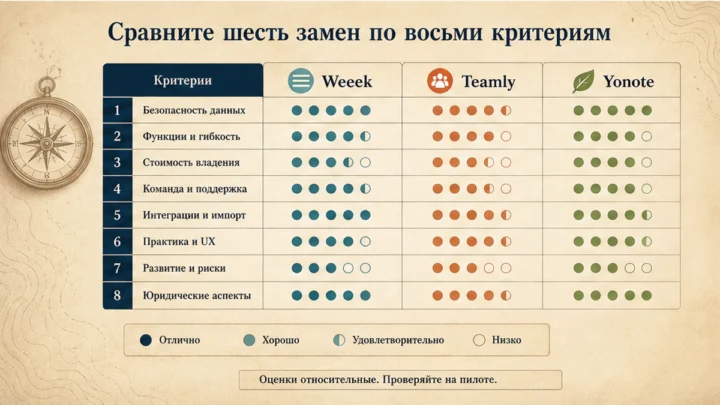 Карточка рисков / статусов: Сравните шесть замен по восьми критериям