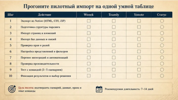 Чеклист миграции / действий: Прогоните пилотный импорт на одной умной таблице