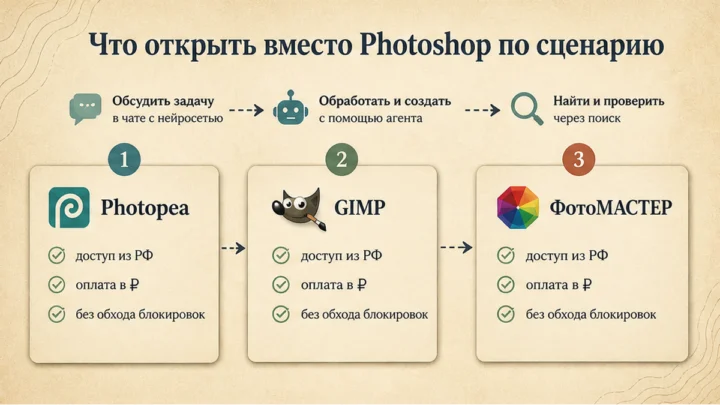 Схема сценариев с продуктами: Что открыть вместо Photoshop по сценарию