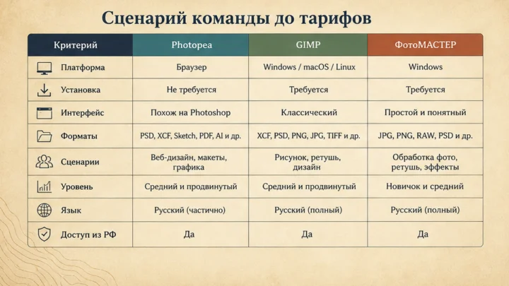 Таблица сравнения сервисов: Зафиксируйте, что вы теряете при уходе с Photoshop