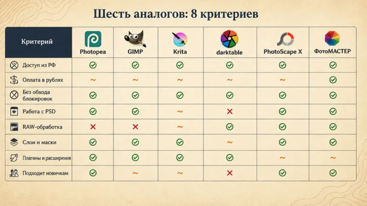 Чеклист миграции / действий: Сравните шесть аналогов Photoshop по восьми критериям