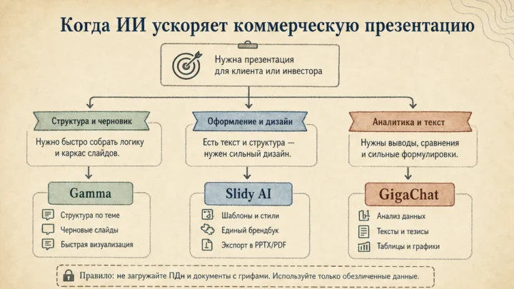 Схема сценариев с продуктами: Когда ИИ ускоряет коммерческую презентацию, а когда быстрее шаблон PowerPoint