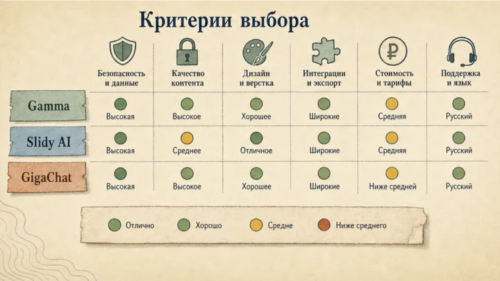 Карточка рисков / статусов: Критерии выбора: русский язык, бренд, экспорт PPTX, ПДн и оплата из РФ