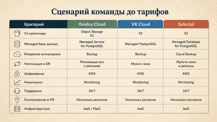 Таблица сравнения сервисов: Зафиксируйте, что копировать, и задайте RPO/RTO