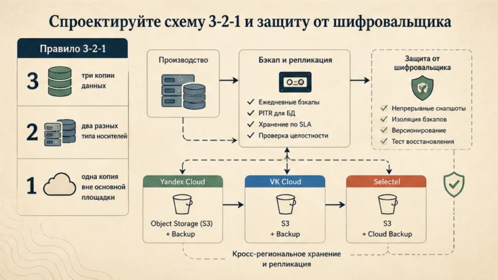 Схема сценариев с продуктами: Спроектируйте схему 3-2-1 и защиту от шифровальщика
