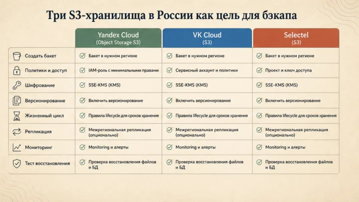 Чеклист миграции / действий: Сравните три S3-хранилища в России как цель для бэкапа
