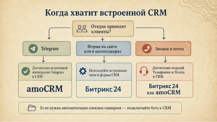 Схема сценариев с продуктами: Когда хватит встроенной CRM, а когда нужен конструктор или коннектор