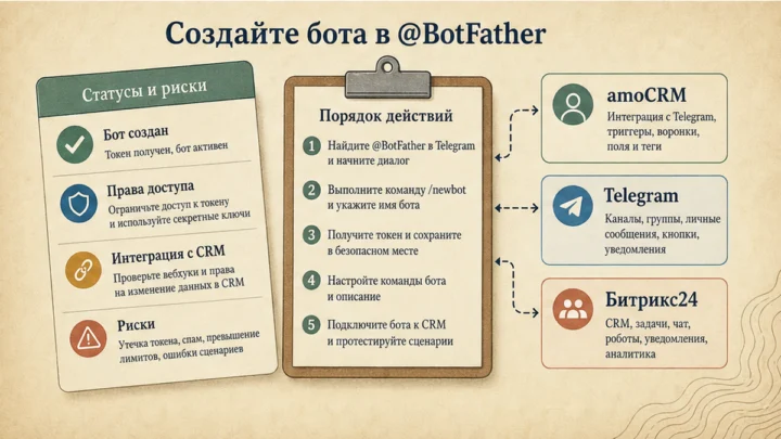 Карточка рисков / статусов: Создайте бота в @BotFather: токен, команды и согласие на ПДн