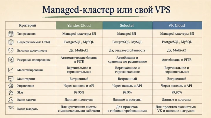 Таблица сравнения сервисов: Решите: managed-кластер БД или виртуальный сервер с ручной установкой