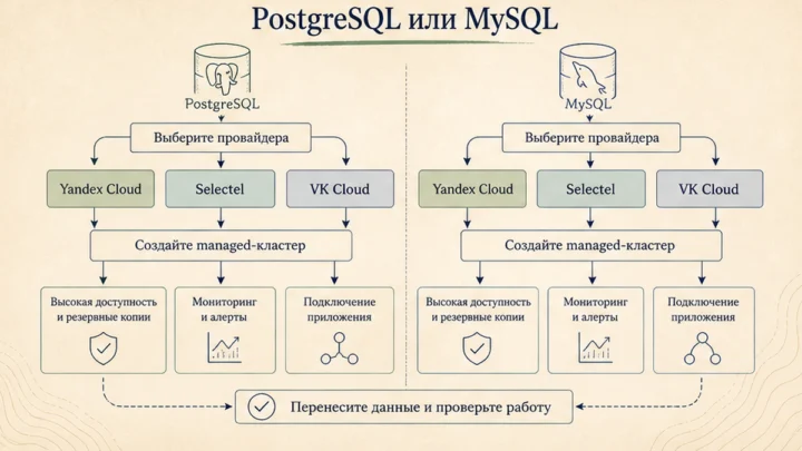 Схема сценариев с продуктами: Выберите движок: PostgreSQL или MySQL под ваш сценарий