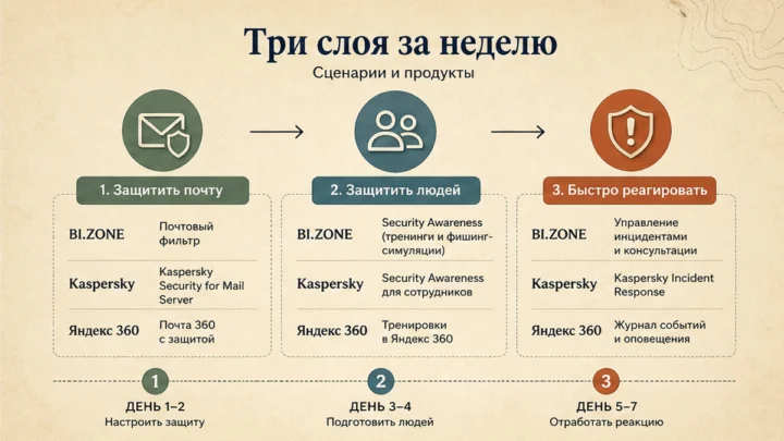 Схема сценариев с продуктами: Соберите три слоя за первую рабочую неделю
