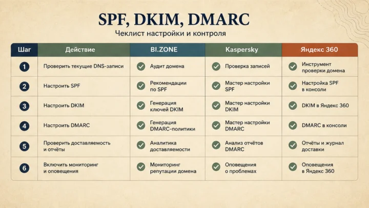 Чеклист миграции / действий: Настройте SPF, DKIM, DMARC и фильтры почты