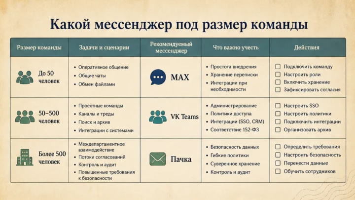 Схема выбора корпоративного мессенджера по размеру команды