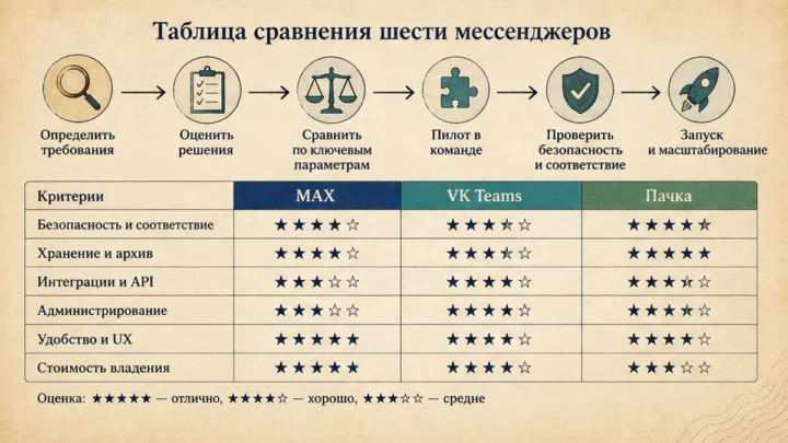 Сравнение MAX, VK Teams, Пачки, eXpress, Яндекс Мессенджера и Telegram