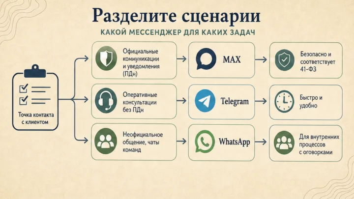 Схема сценариев с продуктами: Разделите сценарии: продажи, поддержка, внутренний чат