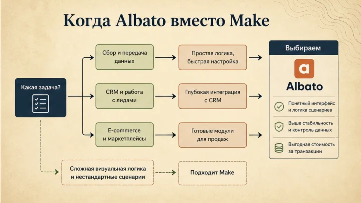 Схема сценариев с продуктами: Когда Albato вместо Make, n8n и встроенных модулей CRM