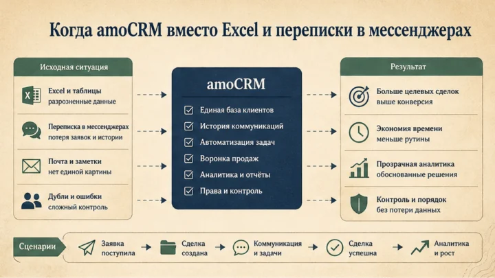 Схема сценариев с продуктами: Когда amoCRM вместо Excel и переписки в мессенджерах