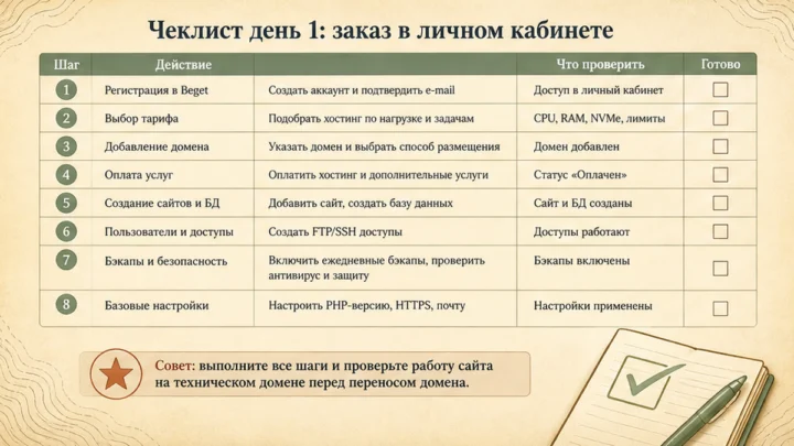 Чеклист миграции / действий: Чеклист день 1: заказ в личном кабинете