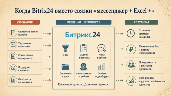 Схема сценариев с продуктами: Когда Bitrix24 вместо связки «мессенджер + Excel + CRM»