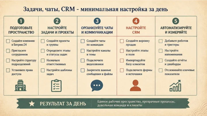 Чеклист миграции / действий: Задачи, чаты, CRM - минимальная настройка за день