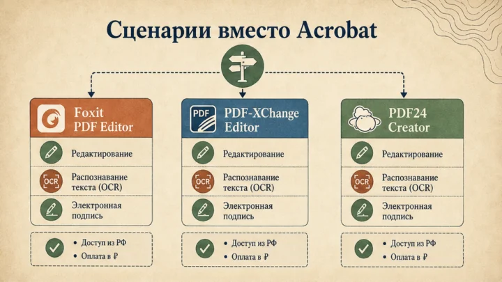 Схема сценариев с продуктами: Что открыть вместо Adobe Acrobat по сценарию