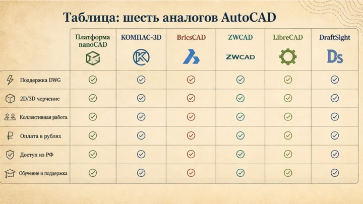 Чеклист миграции / действий: Таблица: шесть аналогов AutoCAD