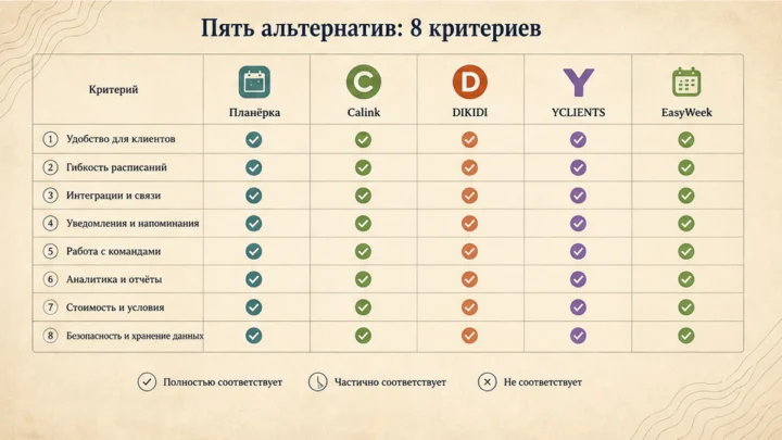 Чеклист миграции / действий: Таблица: пять альтернатив Calendly