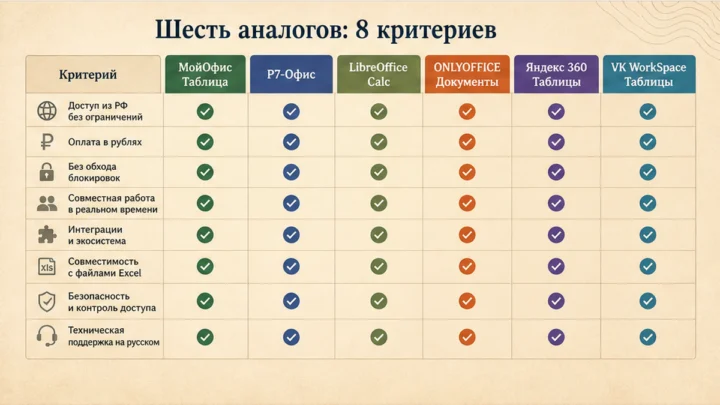 Чеклист миграции / действий: Сравните шесть аналогов Excel по восьми критериям