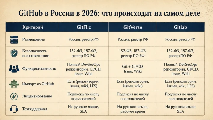 Таблица сравнения сервисов: GitHub в России в 2026: что происходит на самом деле