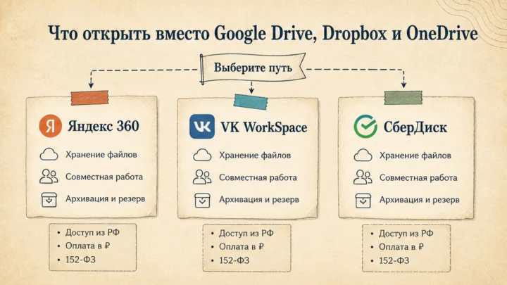Схема сценариев с продуктами: Что открыть вместо Google Drive, Dropbox и OneDrive