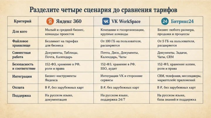 Таблица сравнения сервисов: Разделите четыре сценария до сравнения тарифов