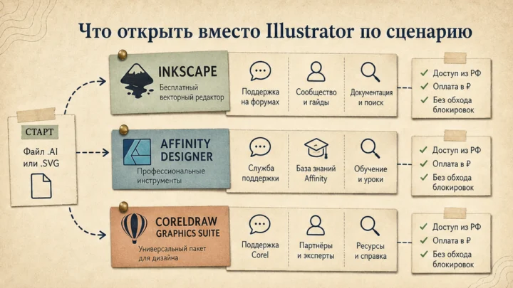 Схема сценариев с продуктами: Что открыть вместо Illustrator по сценарию