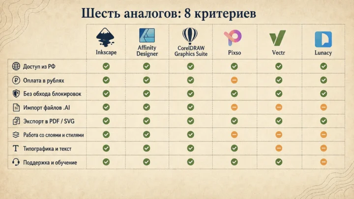 Чеклист миграции / действий: Сравните шесть аналогов Illustrator по восьми критериям