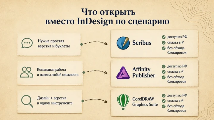 Схема сценариев с продуктами: Что открыть вместо InDesign по сценарию