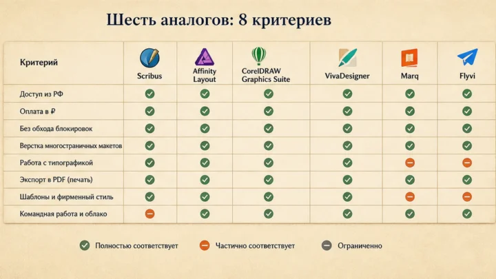 Чеклист миграции / действий: Сравните шесть аналогов InDesign по восьми критериям