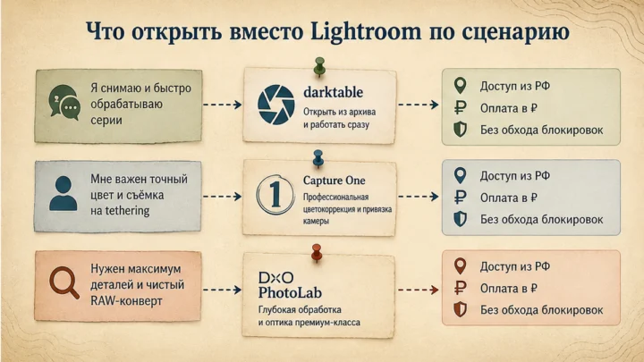 Схема сценариев с продуктами: Что открыть вместо Lightroom по сценарию