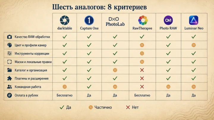 Чеклист миграции / действий: Сравните шесть аналогов Lightroom по восьми критериям