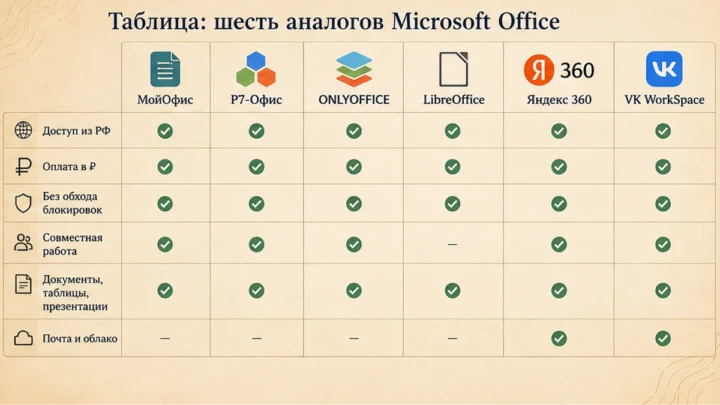 Чеклист миграции / действий: Таблица: шесть аналогов Microsoft Office