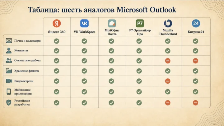 Чеклист миграции / действий: Таблица: шесть аналогов Microsoft Outlook