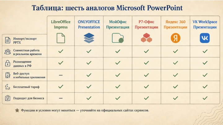 Чеклист миграции / действий: Таблица: шесть аналогов Microsoft PowerPoint