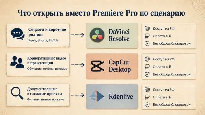 Схема сценариев с продуктами: Что открыть вместо Premiere Pro по сценарию
