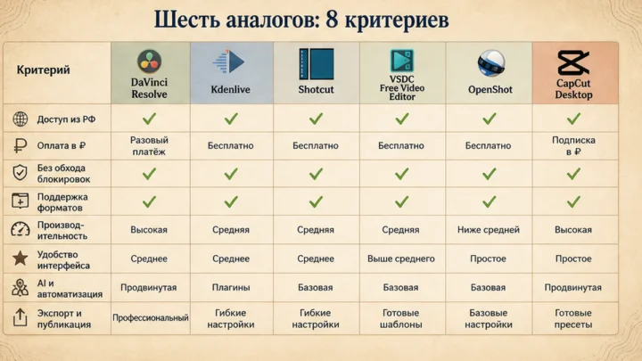 Чеклист миграции / действий: Сравните шесть аналогов Premiere Pro по восьми критериям