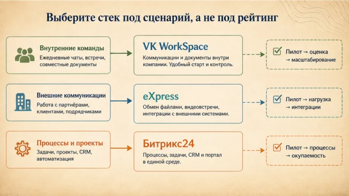 Схема сценариев с продуктами: Выберите стек под сценарий, а не под рейтинг