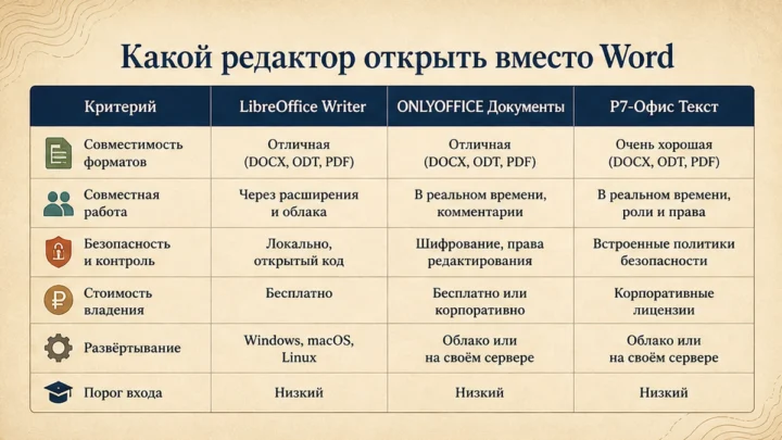 Таблица сравнения сервисов: Какой редактор открыть вместо Word