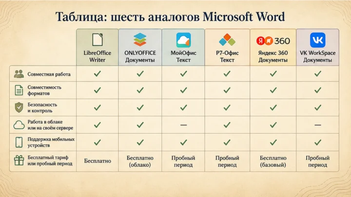Чеклист миграции / действий: Таблица: шесть аналогов Microsoft Word
